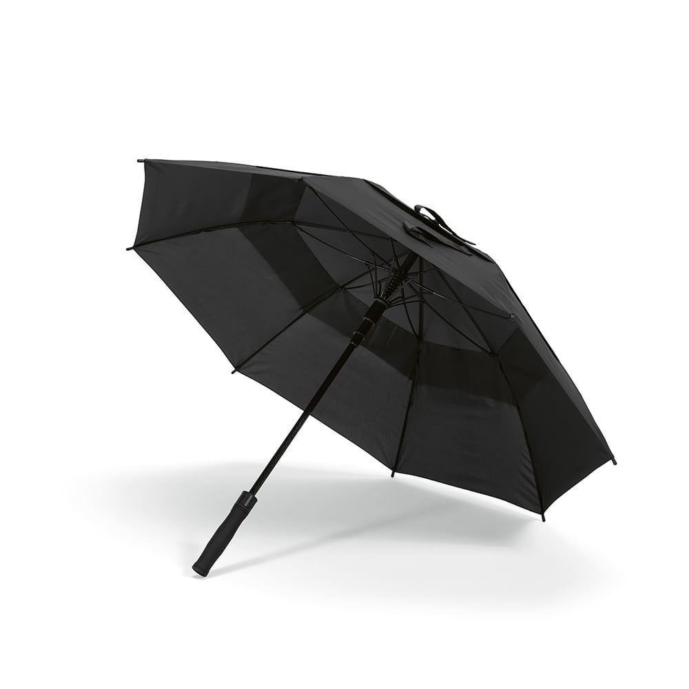 A black storm-proof umbrella with an automatic opening mechanism and a handle. It features a branding logo.