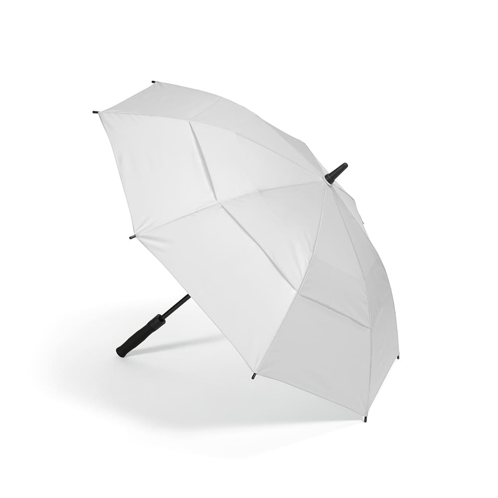 A white storm-proof umbrella with automatic opening mechanism and a black handle. It features a logo.