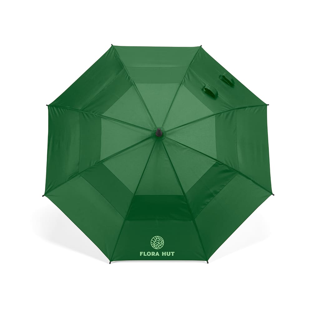 A green, 23-inch automatic opening umbrella with a storm-proof design and a logo on the canopy.