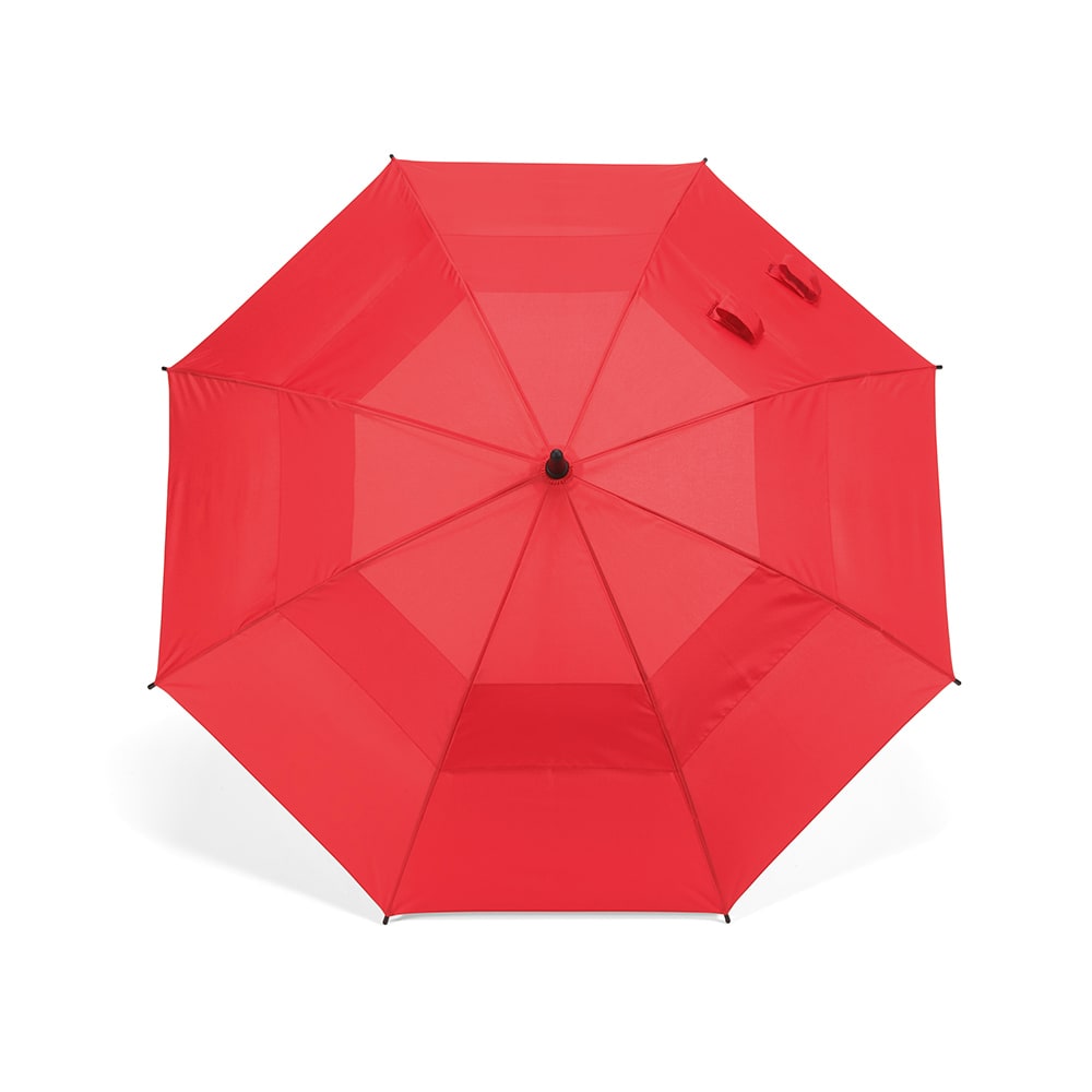 A red, storm-proof umbrella with an automatic opening mechanism and a logo at the top.