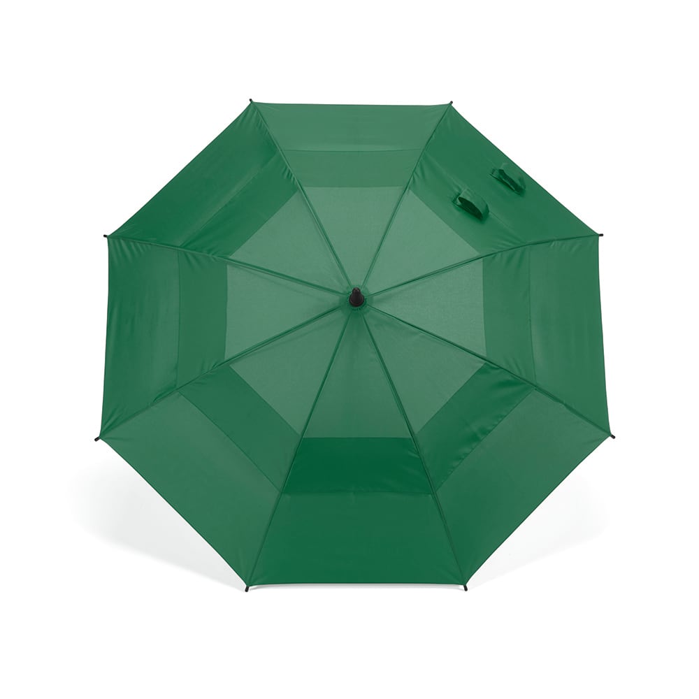 A green umbrella with a storm-proof design and automatic opening features. It has a central hub and two handles.