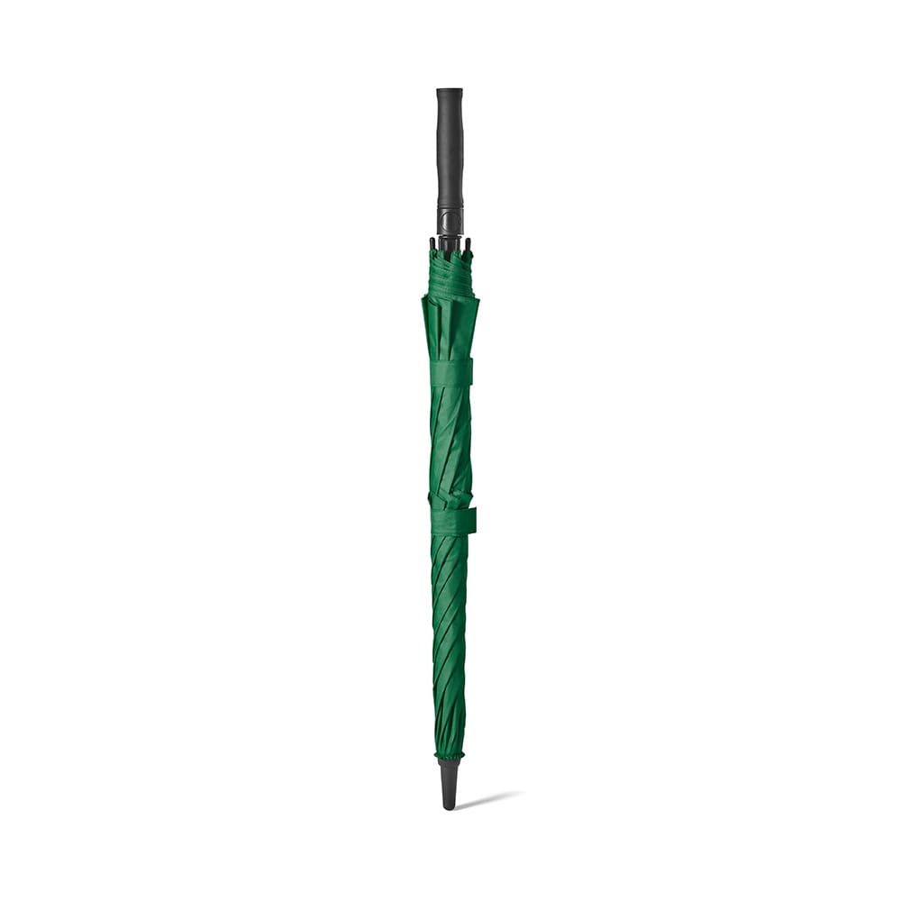 A green storm-proof umbrella with automatic opening features and a black handle. It has a branded logo.