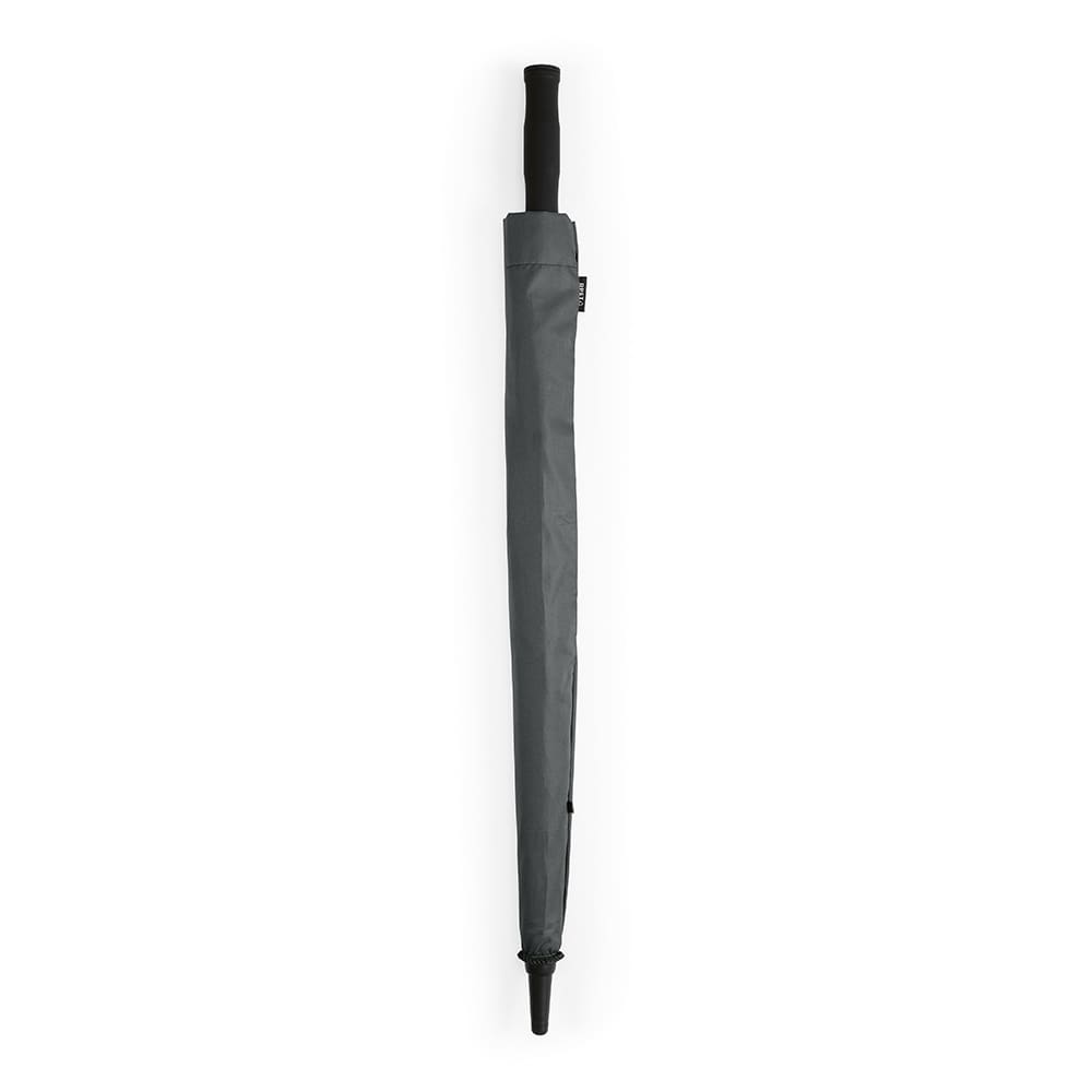 A grey umbrella with an automatic opening feature and a black handle, featuring a logo on the cover.