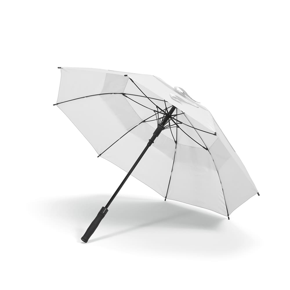 A white storm-proof umbrella with a black handle and automatic opening mechanism. It features a branding logo.