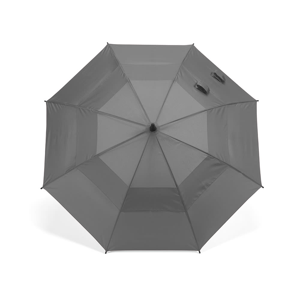 A grey storm-proof umbrella with automatic opening features an octagonal design and a central handle.