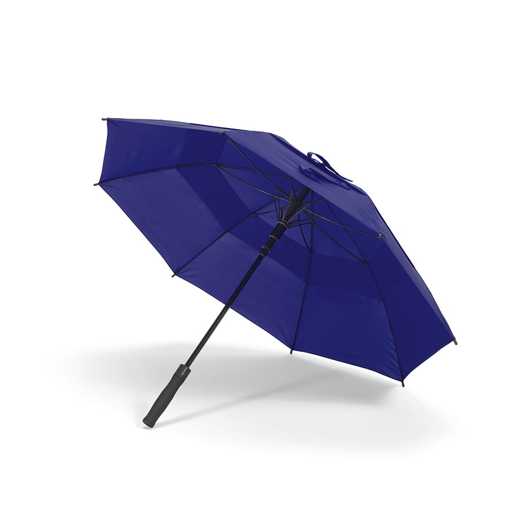 A blue storm-proof umbrella with automatic opening feature and a black handle. It includes a branding logo.