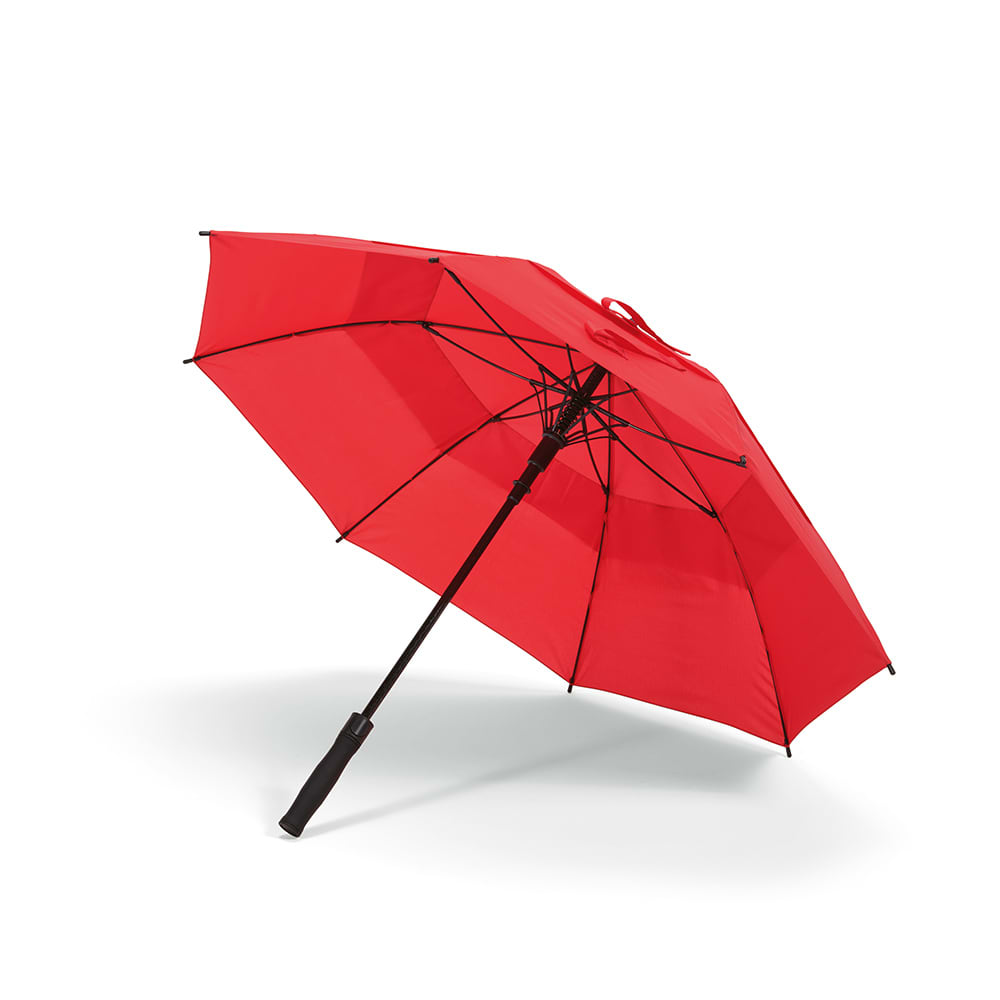 A red storm-proof umbrella with a black handle and automatic opening feature. It has a logo on the fabric.