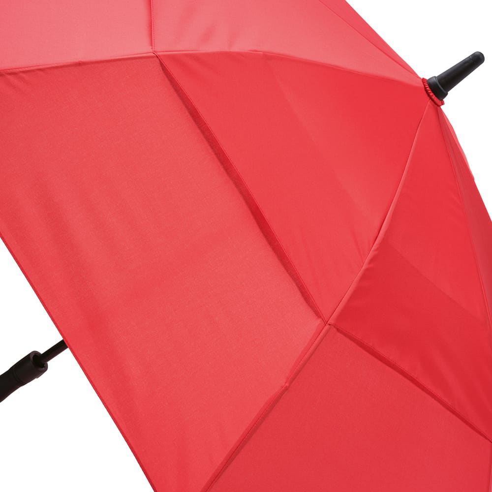 A red storm-proof umbrella with an automatic opening feature, featuring a black handle and hardware.