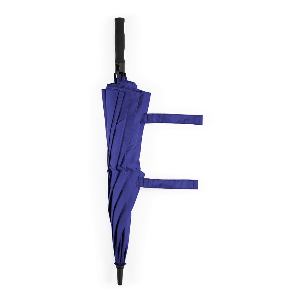A purple storm-proof umbrella with automatic opening features and a black handle. It has a branded logo.