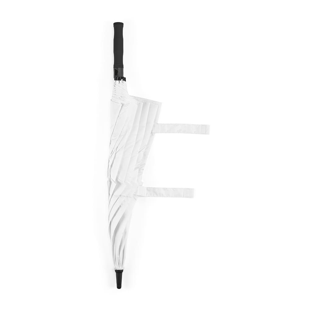 A white storm-proof umbrella with a black handle and automatic opening features, secured with straps.
