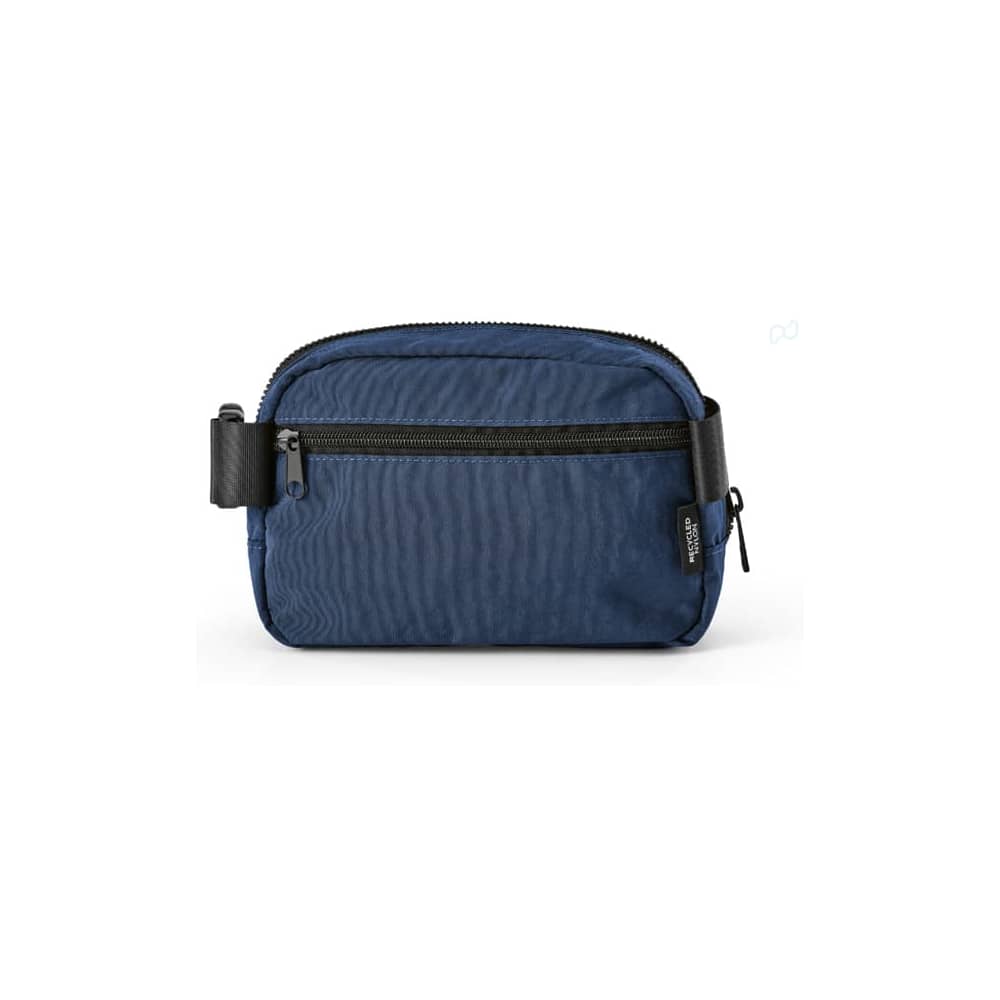 A navy blue waist bag made from rNylon, featuring two pockets and an adjustable waist strap. It includes a logo.
