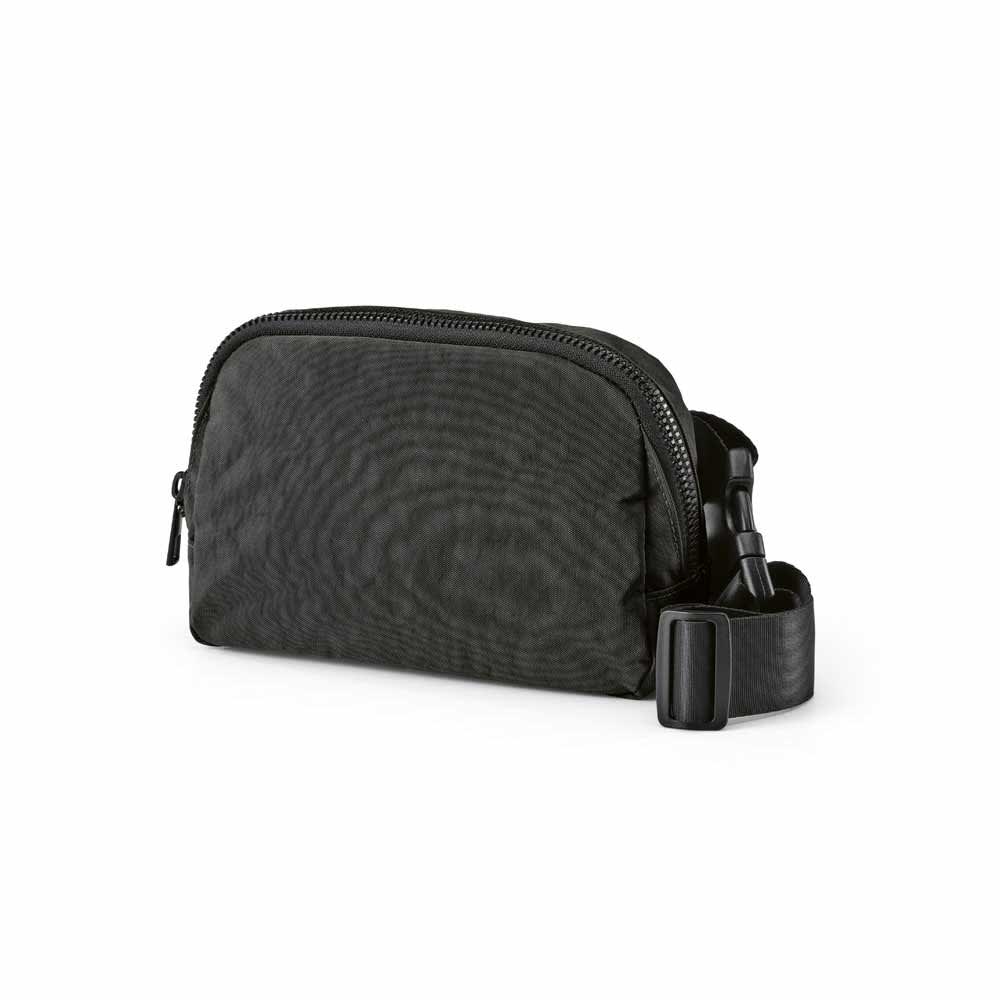 A black waist bag with two pockets and an adjustable waist strap, featuring a logo.