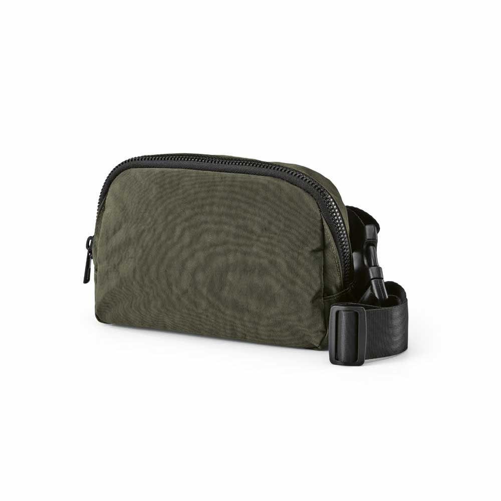 A green waist bag made of rNylon, featuring two pockets and an adjustable strap. It has a logo on the design.