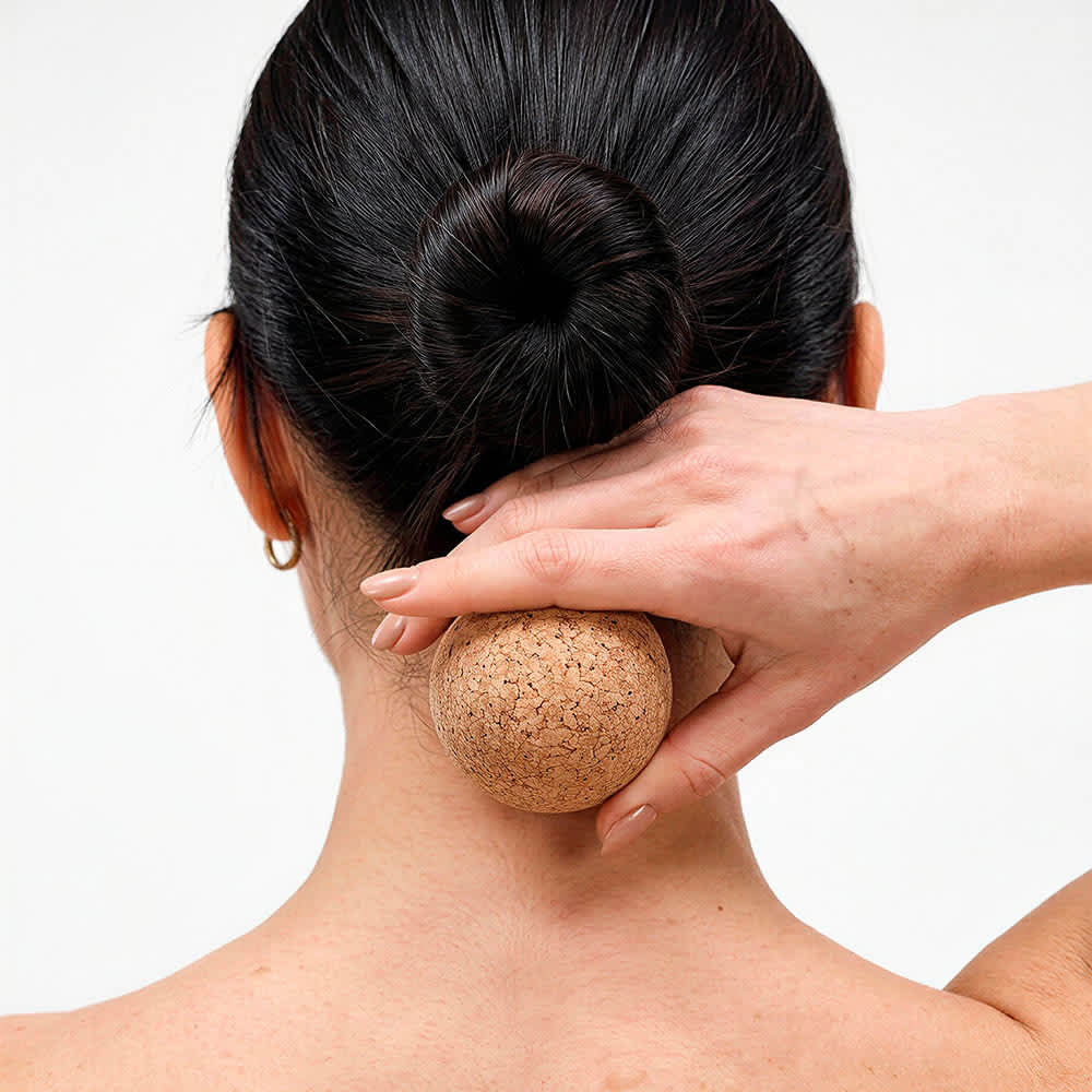 A cork sphere being held against the neck, with a person’s hair styled in a bun. The sphere is a natural cork colour.