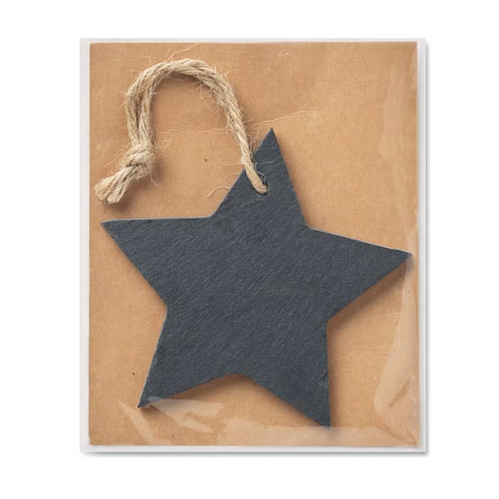 A star-shaped tag in dark grey, attached with a twine string, presented on a brown backing.