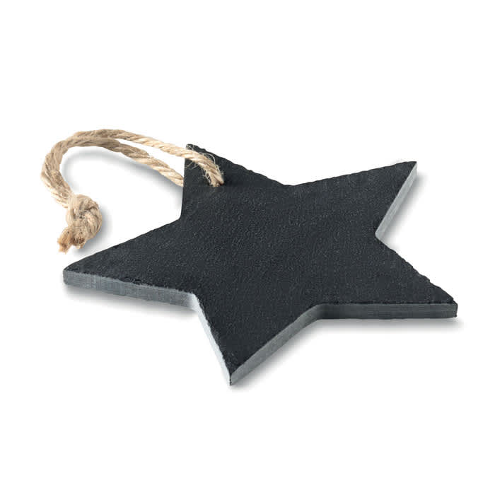 A star-shaped black wooden tag with a natural rope loop for hanging.