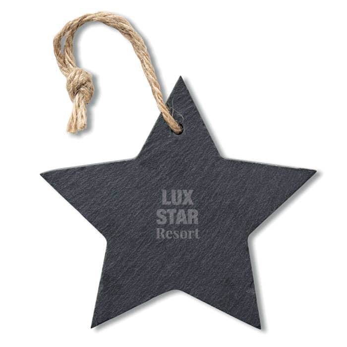 A star-shaped tag in dark slate with a cord for hanging, featuring a logo.