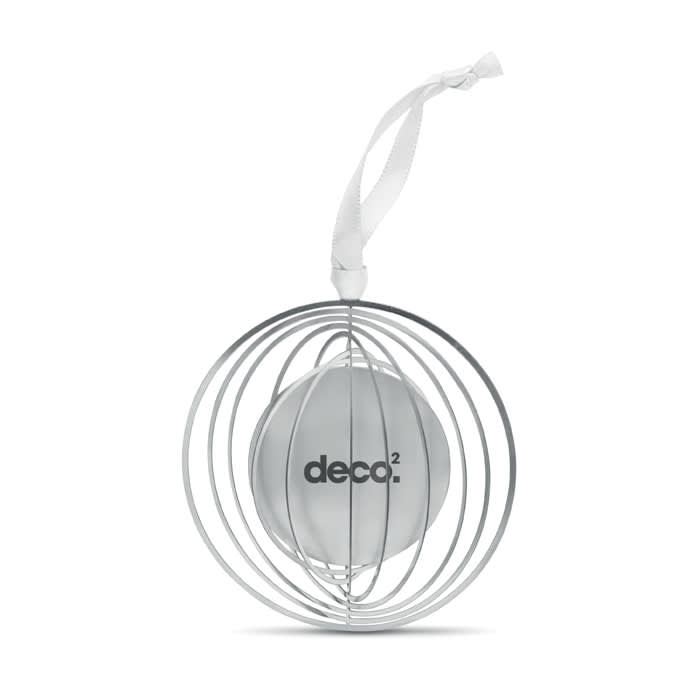 A decorative silver orb enclosed in a spherical wire frame, completed with a white ribbon for hanging.