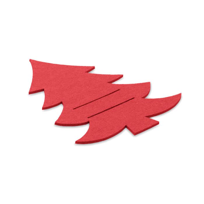 A red felt decorative item shaped like a pine tree, featuring three branches and a minimalist design.