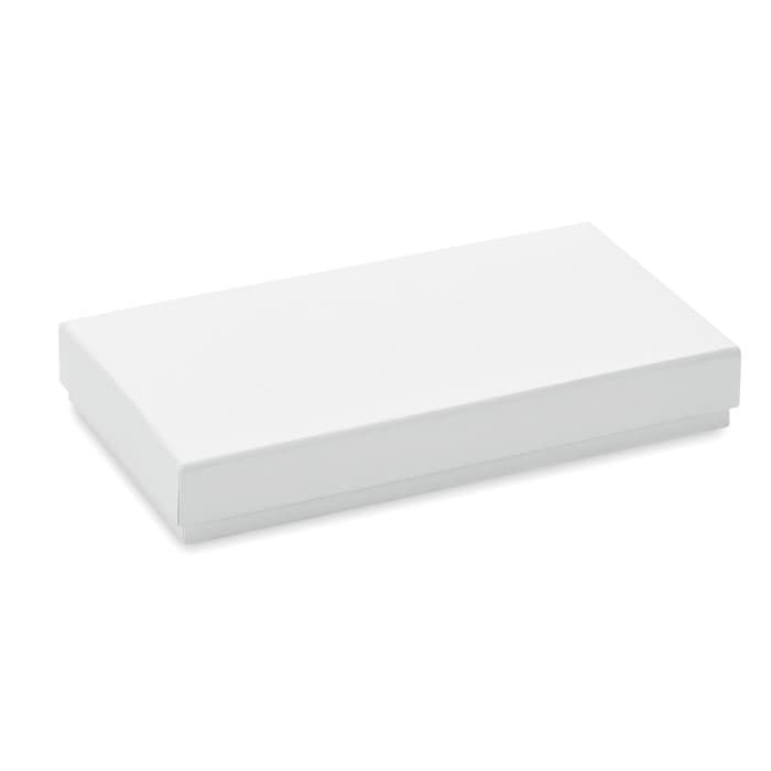 A white rectangular box with a flat lid, featuring a simple, clean design. It includes a branding logo.