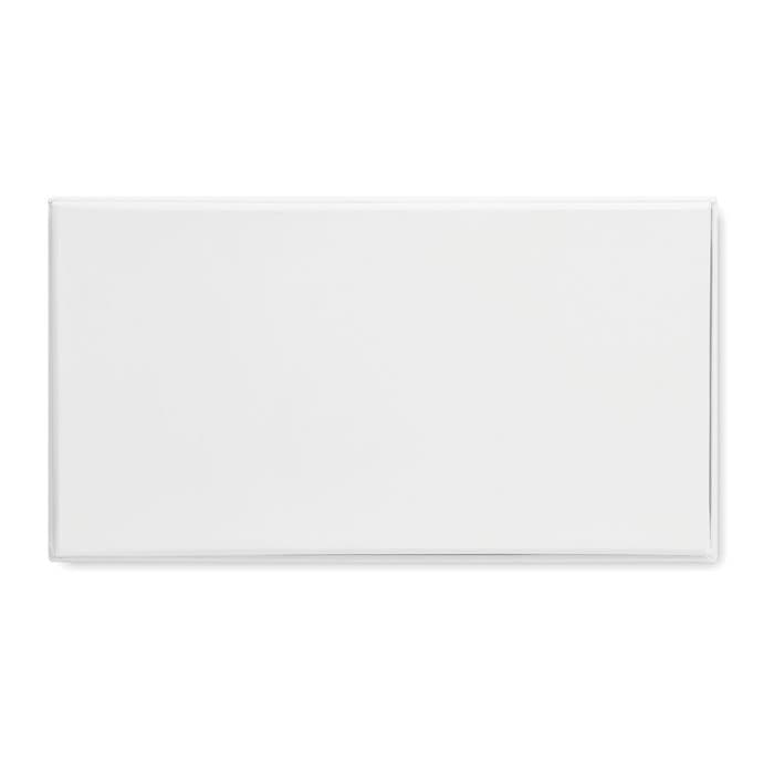 A white rectangular box with a glossy finish, featuring a subtle branding logo.