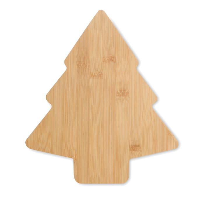 A bamboo cutting board shaped like a Christmas tree, featuring a natural wood finish. It has a smooth surface and rounded edges.