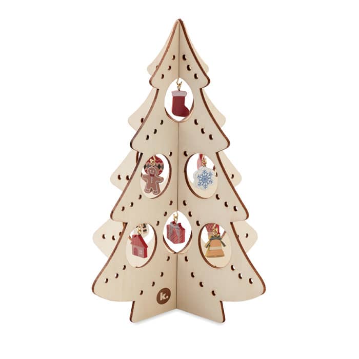 A decorative wooden Christmas tree featuring cut-out shapes and hanging ornaments in festive colours.