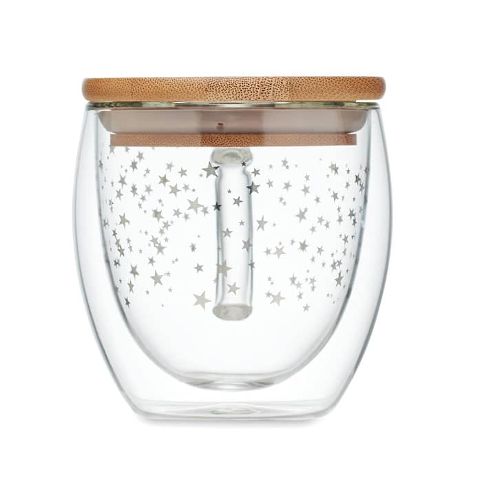A drink bottle with a transparent design featuring star patterns and a wooden lid. The bottle has a cylindrical inner section.