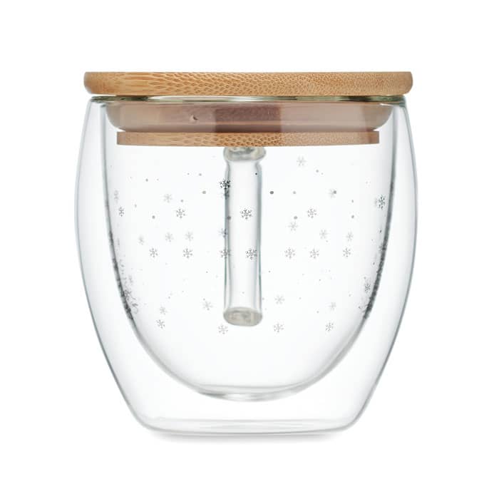 A drink bottle with a clear glass body, bamboo lid, and decorative snowflake designs inside.