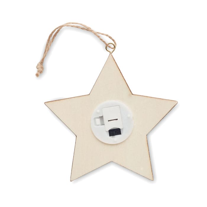 A star-shaped wooden ornament with a hanging string and a switch on the back. It has a natural wood finish.