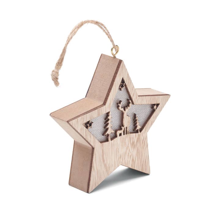 A wooden star-shaped ornament featuring a cut-out design of trees and a reindeer, with a hanging twine.