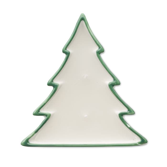 A ceramic plate shaped like a Christmas tree, featuring a white interior with green edges. It has a smooth finish.