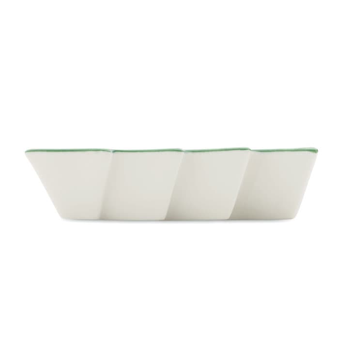 A dish with a unique folded design, featuring a white base and green trim along the edge.