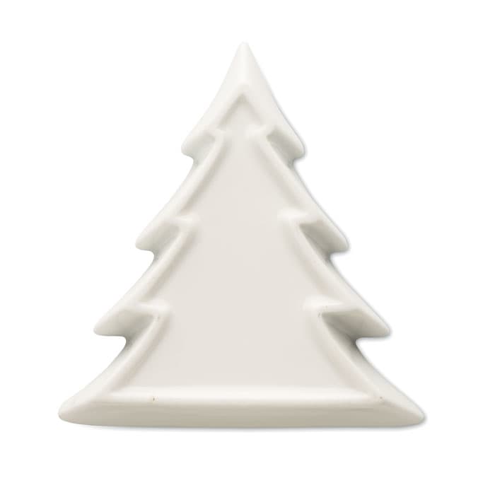 A white ceramic Christmas tree decoration with a textured design. It has a minimalist, modern shape.