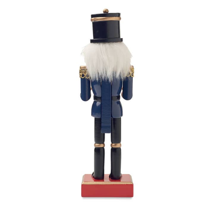 A nutcracker figurine in blue and black uniform, featuring a white beard, displayed on a red base.