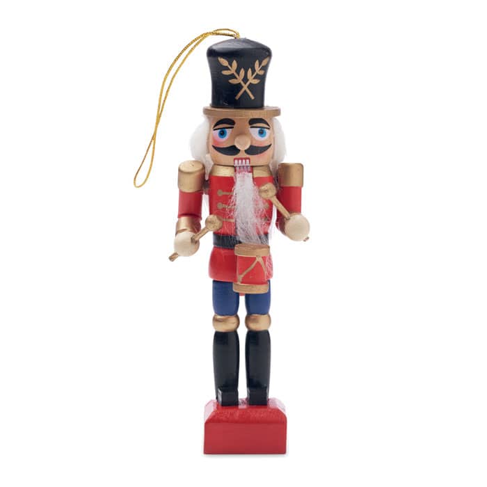 A nutcracker ornament featuring a traditional design in red, black, and white, with gold accents and a hanging loop.