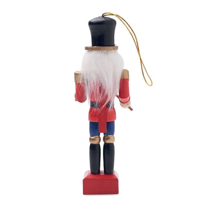 A nutcracker ornament features a red and black outfit, with a long white beard and a gold string for hanging.