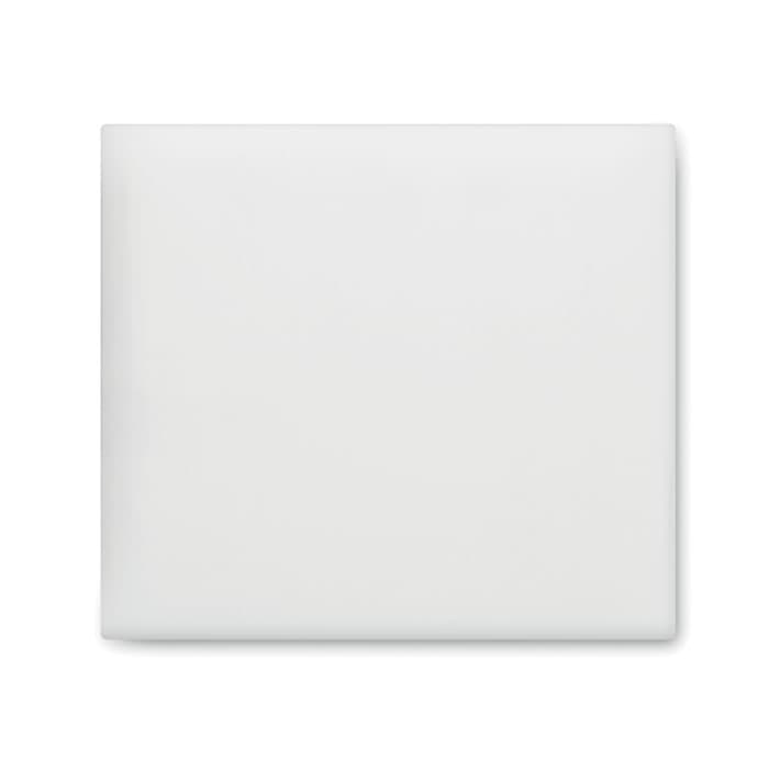 A square white product with a smooth surface, featuring a logo in one corner.