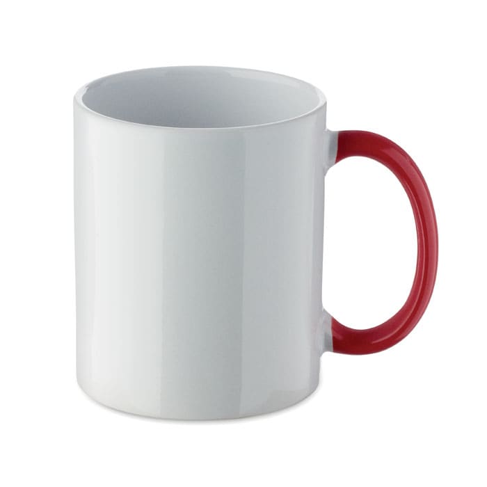 A drink mug with a white body and a red handle, featuring a logo on one side.
