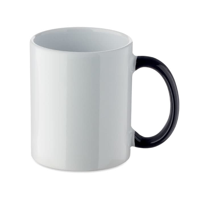 A white mug with a black handle, featuring a simple design and a smooth finish. It has a branding logo.
