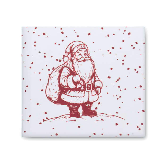 A decorative mug featuring a red illustration of Santa Claus holding a bag, set against a white background.