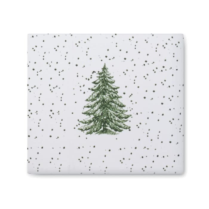 A decorative wrapping paper featuring a green Christmas tree design on a speckled white background.