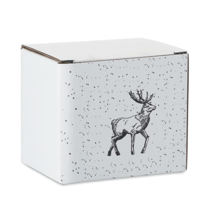 A white box with a speckled design featuring a black deer illustration on one side.