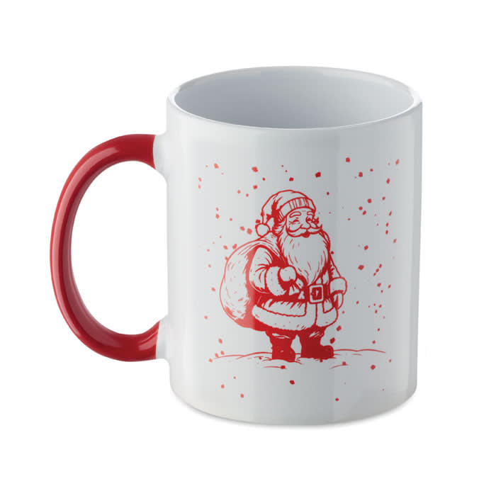A drink bottle featuring a white body with a red handle, decorated with a Santa illustration.