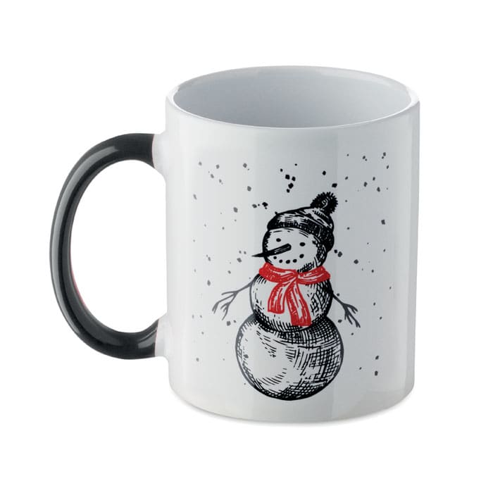 A mug featuring a snowman illustration with a black handle, white body, and red scarf details.