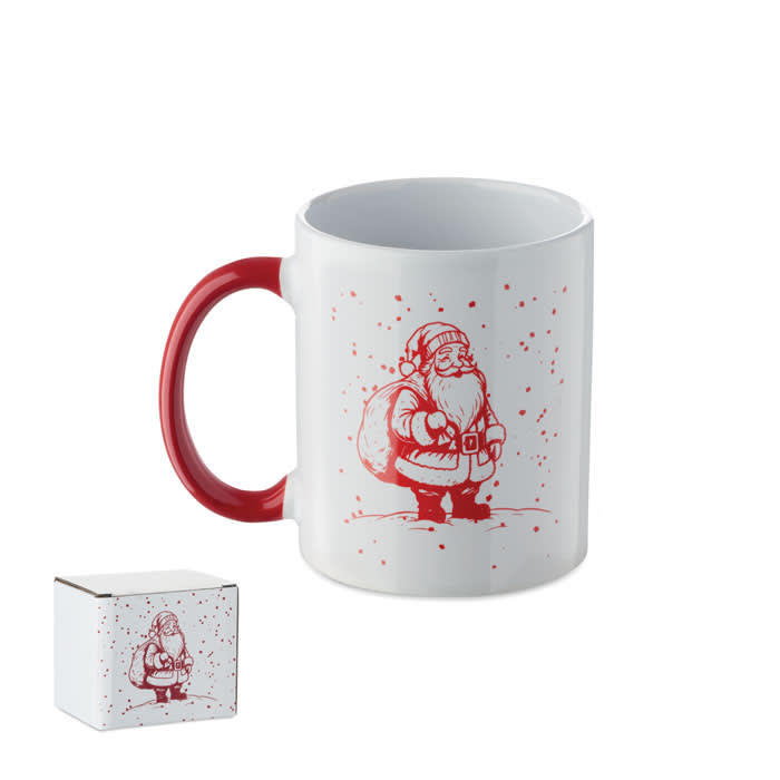 A festive mug featuring a red handle and a Santa design, shown with a white box packaging.