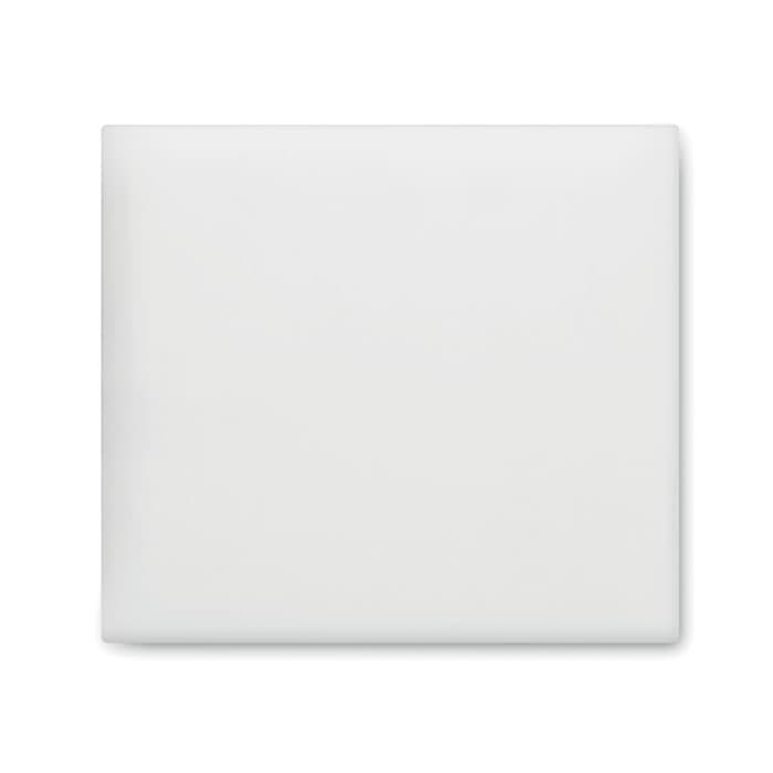 A white square product with a smooth surface, featuring a logo in one corner.