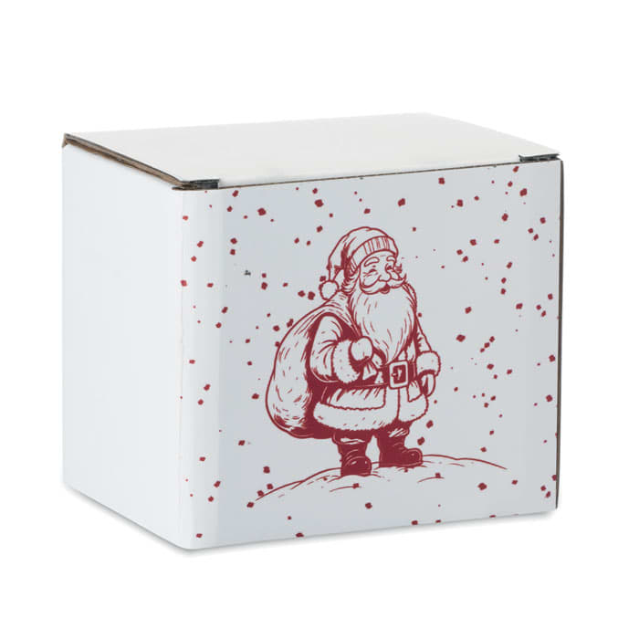A gift box with a red and white festive design featuring a Santa Claus illustration against a snowy background.