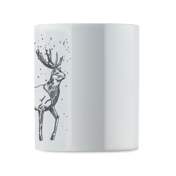 A white drink bottle featuring a decorative black illustration of a deer with antlers.