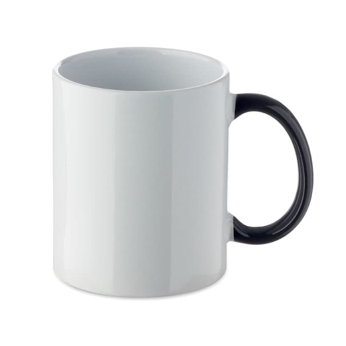 A ceramic mug in white with a black handle, featuring a smooth, glossy finish. It has a logo displayed on the side.